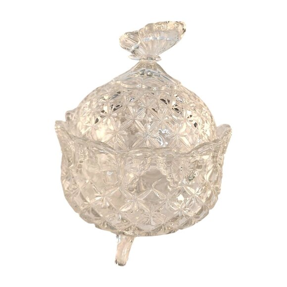 Vintage Czech Crystal Lidded Butterfly Candy Dish Footed Bowl Bohemian Clear Cut - Picture 1 of 10